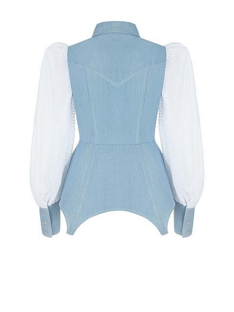 Blue Denim Shirt With Chiffon Sleeves, 2 Blue Denim Shirt With Chiffon Sleeves, 2