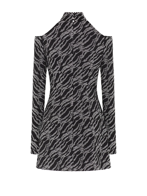 Black Open Shoulders Jacquard Mini Dress, 3