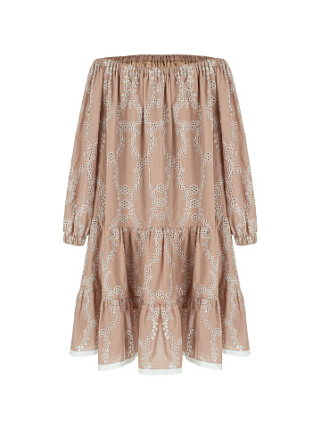 Beige Lace Trimmed Cotton Mini Dress, 2