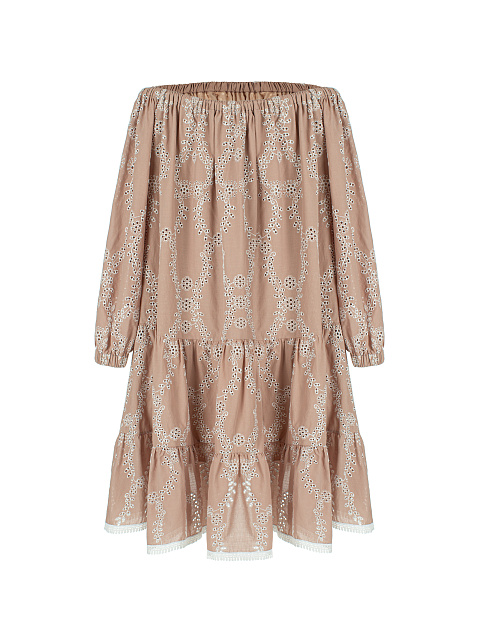 Beige Lace Trimmed Cotton Mini Dress, 2