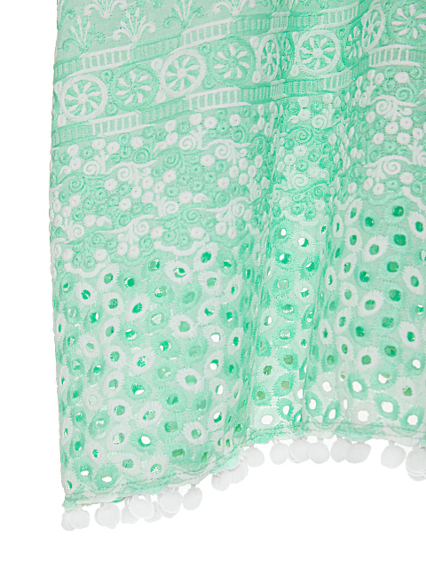 Kid's Green & White Pompon Trim Cotton Tunic Dress, 4