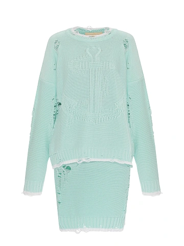 Mint knitted set of sweater and midi skirt, 1