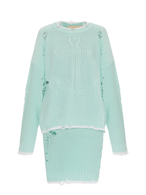 Mint knitted set of sweater and midi skirt, 1