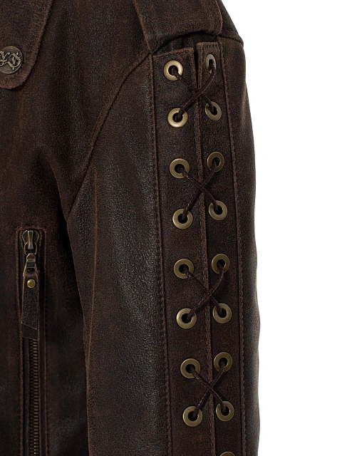 Brown Lace Up Leather Jacket, 5