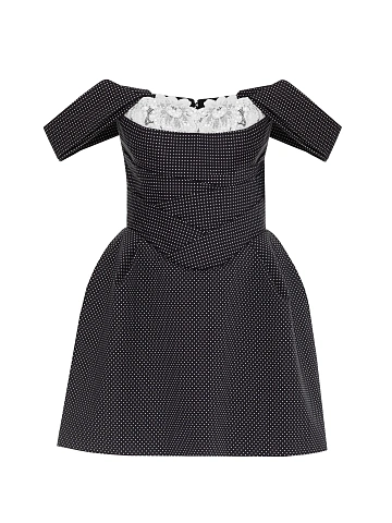Black Lace Trim Polka Dot Cotton Mini Dress, 1