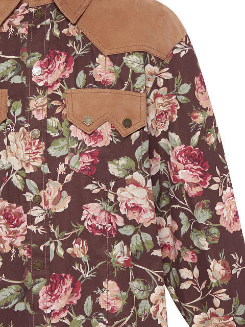 Brown Cotton & Suede Floral-Print Shirt, 3 Brown Cotton & Suede Floral-Print Shirt, 3