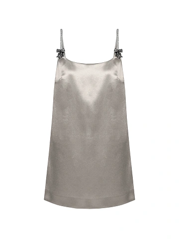 Silver satin mini dress with rhinestone bows, 1