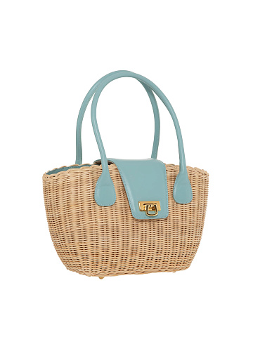 Straw Tote Bag with Mint Leather Trim, 2