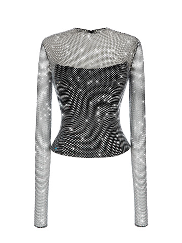 Black Rhinestones Mesh Longsleeve Top, 1