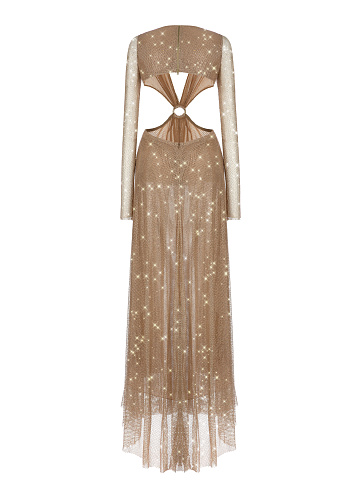Beige Mesh Rhinestones Cut-out Maxi Derss, 2