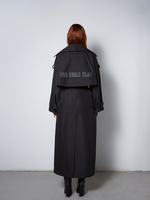 Black Leather Trim Cotton Trench Coat, 6