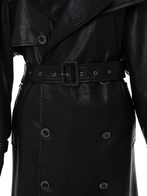 Black Textured Leather Trench Coat, 9