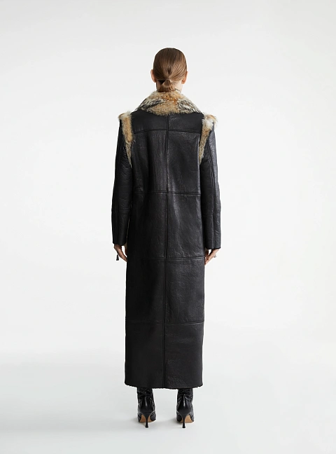 Fox Fur Trimmed Black Shearling Coat, 5