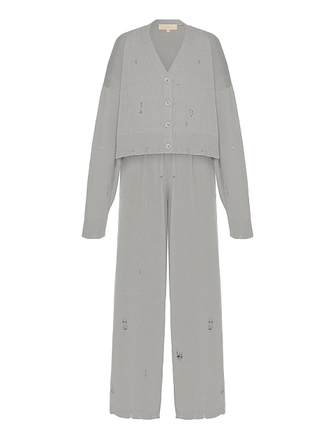 Grey Knitted Cardigan, Top & Pants Set, 2