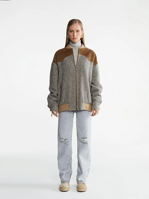 Grey Lurex Boucle Wool Bomber Jacket, 2