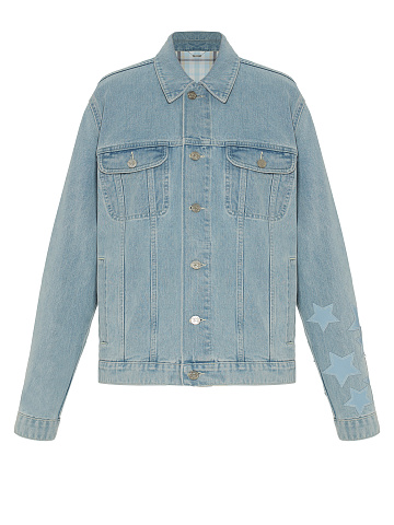Light Blue Leather Trim Star Denim Jacket, 1