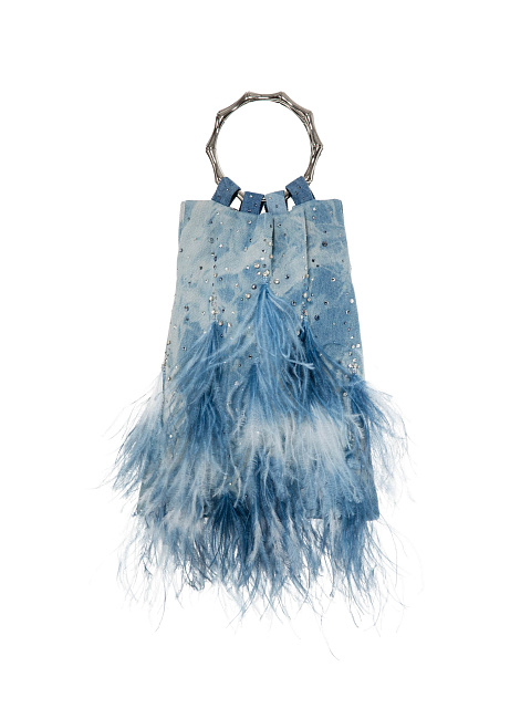 Blue Denim Tie-Dye Pouch Bag with Feathers, 1
