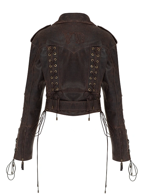 Brown Lace Up Leather Jacket, 3