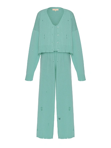 Turquoise Knitted Cardigan, Top & Pants Set, 1