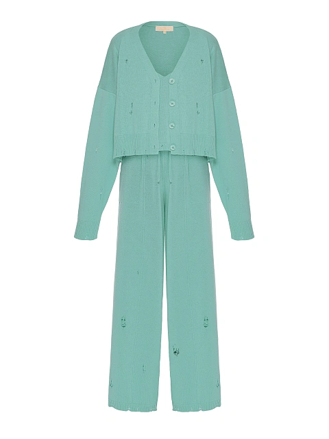 Turquoise Knitted Cardigan, Top & Pants Set, 1