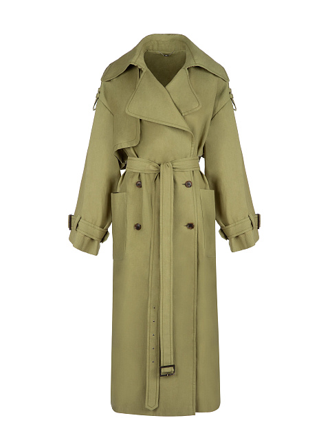 Olive-Green Double-Breasted Linen Coat , 1