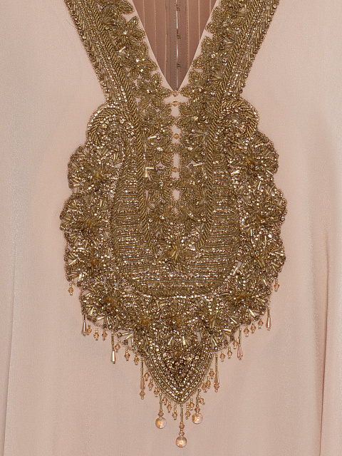 Beige silk suit, embroidered tunic, elasticated joggers, 3