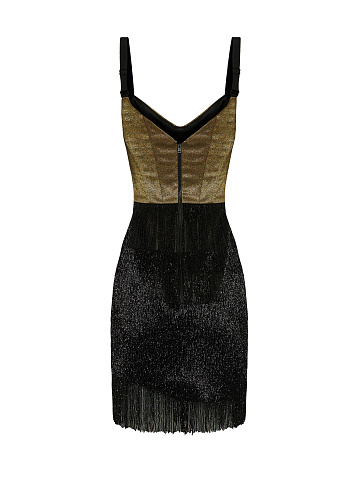 Black & Gold Fringe Trimmed Skirt Mini Dress, 2