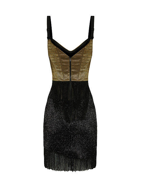 Black & Gold Fringe Trimmed Skirt Mini Dress, 2