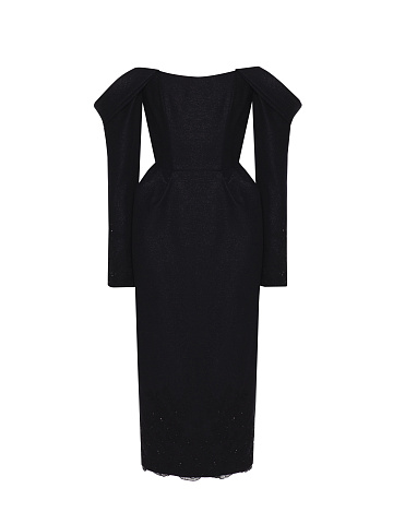 Black Lace Trim Lurex Wool Midi Dress, 1