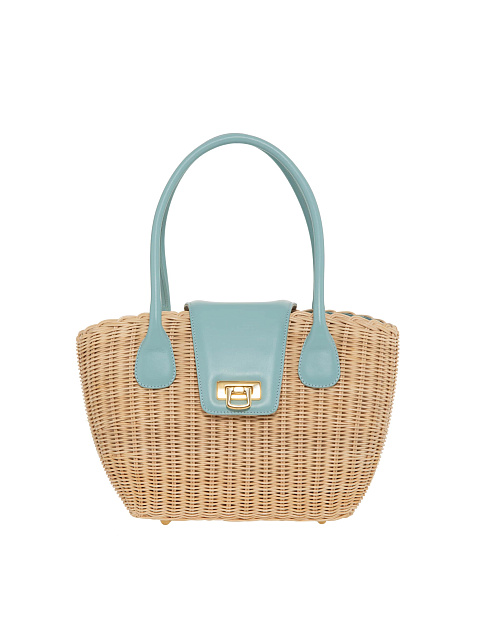 Straw Tote Bag with Mint Leather Trim, 1