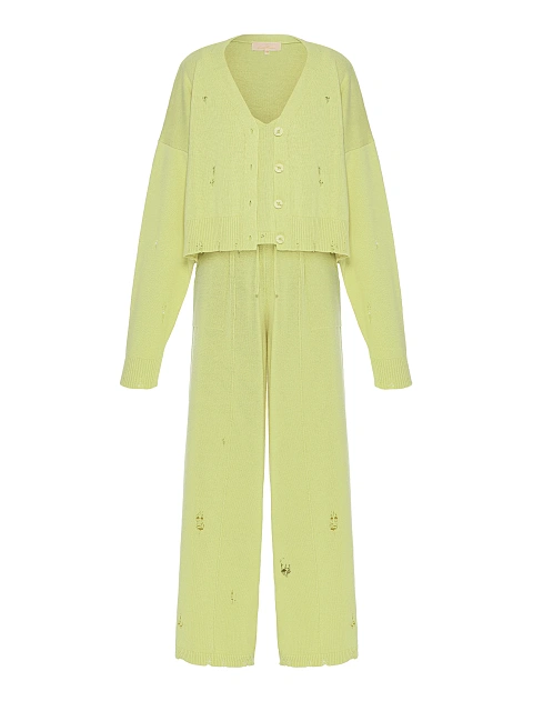 Lime Green Knitted Cardigan, Top & Pants Set, 1