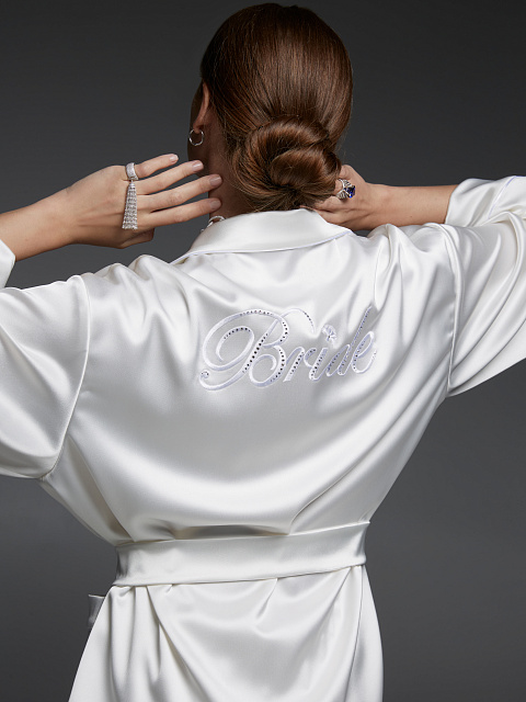 White Embroidered "Bride" Silk Pajama Set, 12