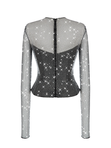 Black Rhinestones Mesh Longsleeve Top, 2