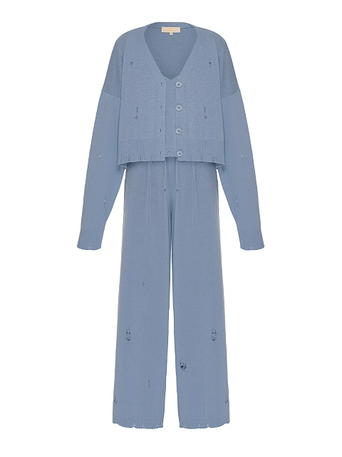 Light Blue Knitted Cardigan, Top & Pants Set, 1