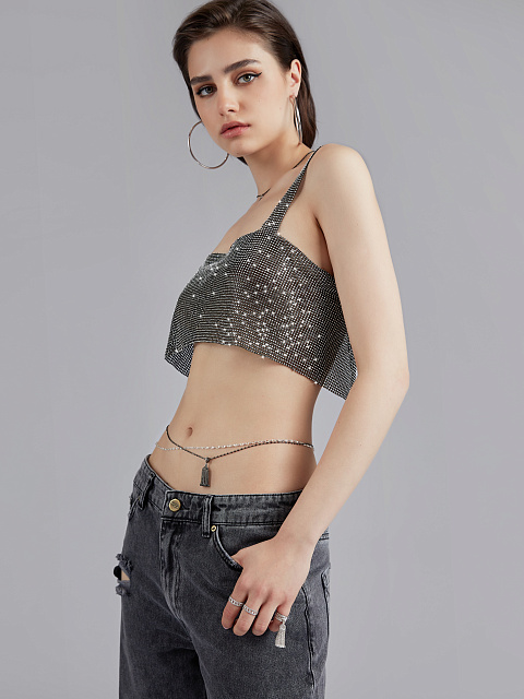 Black Rhinestones Crop Top, 5