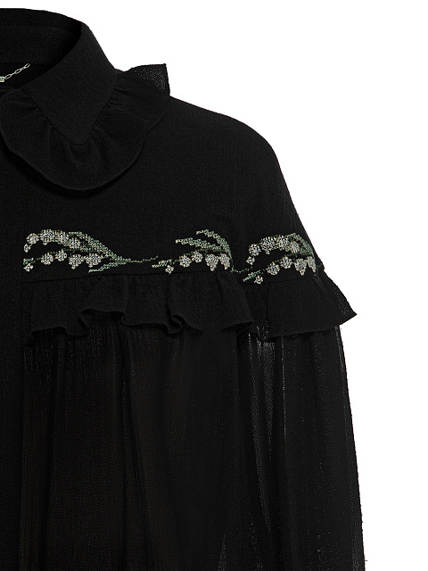Black Cotton Embroidered Ruffled Shirt, 3