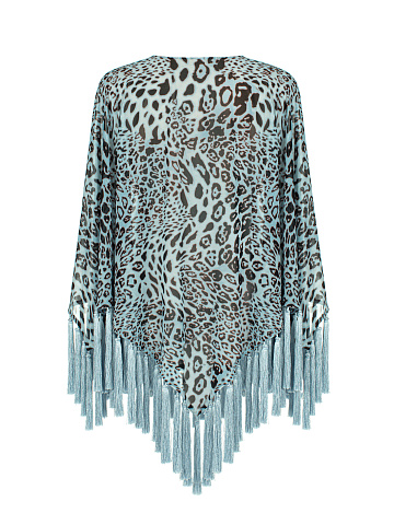 Blue Leopard Print Fringed Poncho, 2