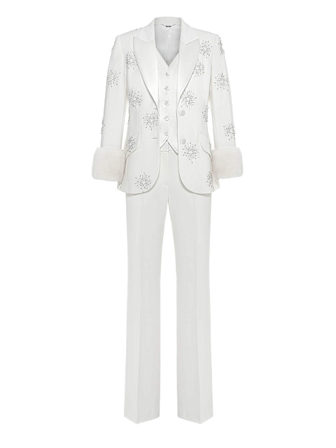 White three-piece suit with embroidery and mink cuffs, 3