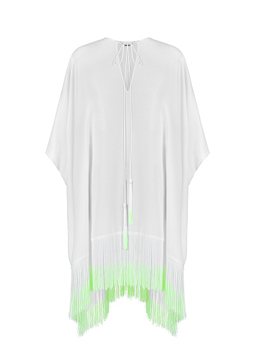 White & Neon Green Fringed Chiffon Tunic, 1