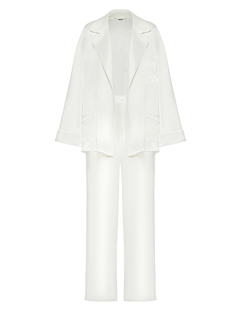 White Embroidered "Bride" Silk Pajama Set, 3