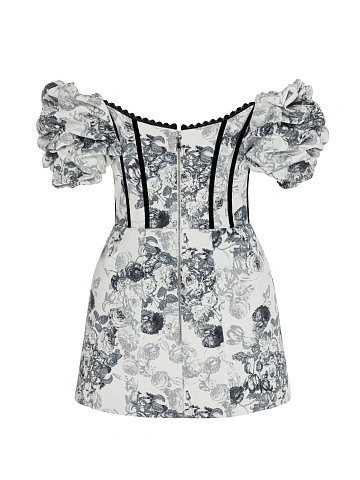 White Cotton Mini Dress With Gray Floral Print And Lace, 2