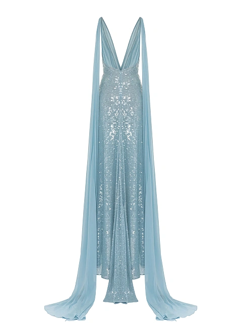 Light Blue Sequin Silk Maxi Dress With Chiffon Tail , 3