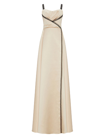 Lace Trimmed Beige Silk Maxi Dress, 1