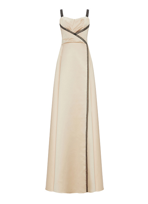 Lace Trimmed Beige Silk Maxi Dress, 1