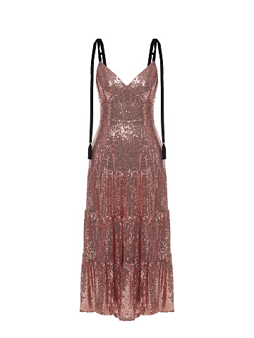 Sundress with golden pink sequins and three-tier skirt, 1