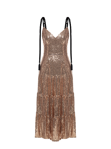 Beige & Gold Sequined Midi Dress, 1