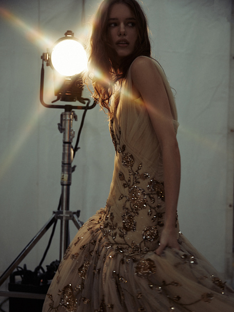 Beige Asymmetric Embroidered Mesh Maxi Dress, 11