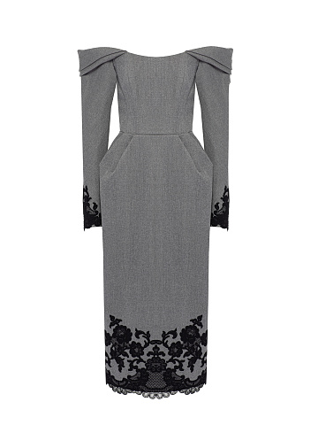 Grey & Black Lace Trim Midi Dress, 1