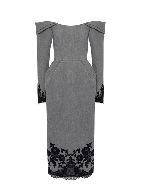Grey & Black Lace Trim Midi Dress, 1