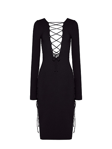 Black Lace Up Jersey Midi Dress, 1